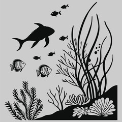 underwater life silhouette vector design art and illustration