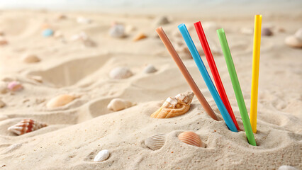 Colorful plastic straws in sand surrounded by seashells for beach cleanup awareness.