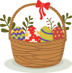 Easter basket with brightly painted eggs. Festive illustration with traditional holiday symbols
