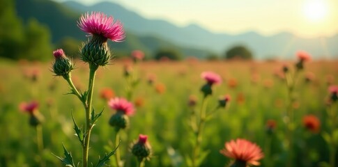 Thistle flower growing in a field of similar flowers, plants, flora, field