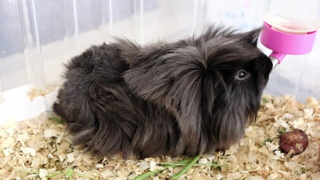 Cute little guinea pig drinking water and hanging around in the cage