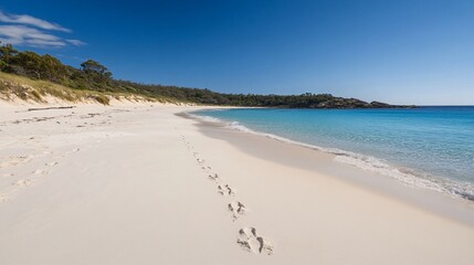 Obraz premium Serene Coastal Paradise: Footprints in the Sand of a Pristine Beach