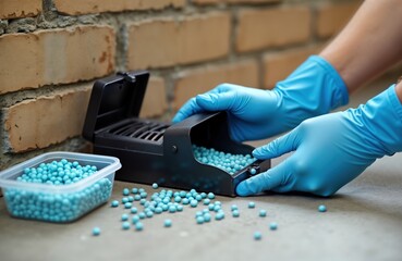 Person wearing gloves fills bait poison box with pest control pellets. Pest control process in industry. Protective measures for handling toxic substances. Preparation for rat extermination. Safety