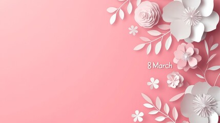 International Womens Day 8 March background with floral paper art style decorations in pink tones Vector greeting card illustration