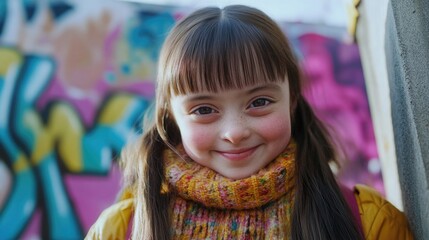 Fototapeta premium Girl with short brown hair and a yellow scarf is smiling. She is standing in front of a wall with graffiti on it