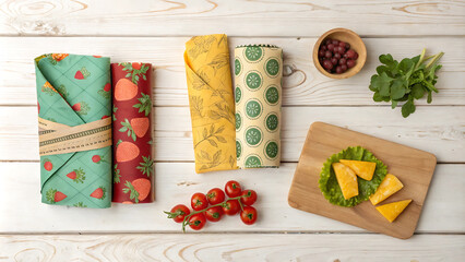 Eco-friendly reusable food wraps with fresh produce on wooden table top.