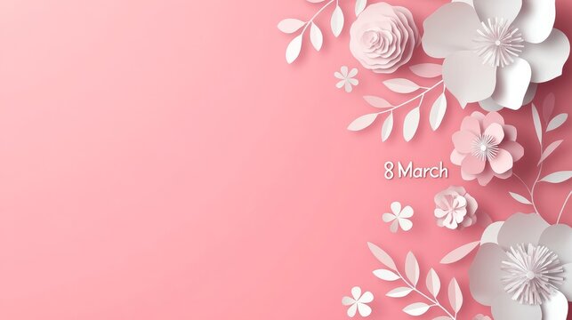International Womens Day 8 March background with floral paper art style decorations in pink tones Vector greeting card illustration