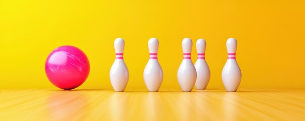 Naklejka premium bowling, pins, colorful, sport, fun, leisure, competition, activity, game, entertainment, pink, bright, yellow background, focus, isolated description