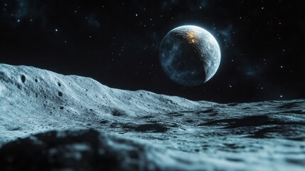 A Cratered Surface and a Large, Glowing Planet in the Night Sky