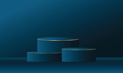 Realistic 3d golden and blue empty podium on blue background. Elegant stage design for product demonstration and marketing promotion, advertising, banner, poster. Vector illustration.