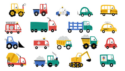 Set of different cute transport in flat style. Cartoon simple cars in scandinavian style. Cargo cars vector collection isolated on white background. Childish vehicle for kid's rooms