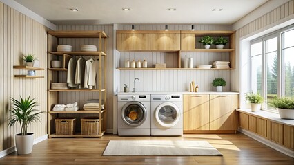 Clean lines, light wood, and smart storage define this minimalist laundry room.