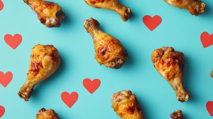 Crispy Chicken Drumsticks Pattern with Hearts on Light Blue Background