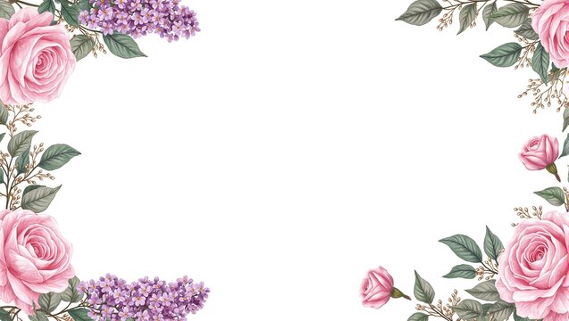 Elegant floral frame with pink roses lilacs green foliage and gold accents Ideal for invitations and cards