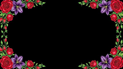Elegant floral border with red roses and purple lilies on a black background   perfect for invitations and promotions