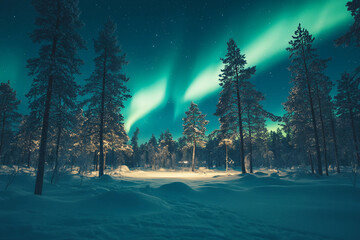 Majestic Northern Lights Over Snowy Forest Lake Landscape at Night Generative AI Image