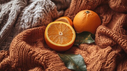 Fresh Orange Slices on Cozy Knitted Background with Soft Textures