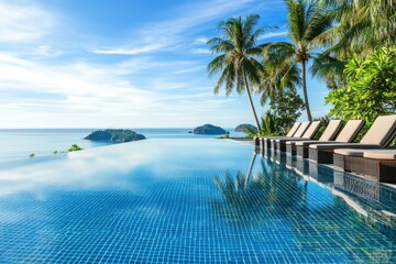 Fototapeta premium A luxurious infinity pool reflecting the clear blue sky and surrounded by comfortable lounge chairs