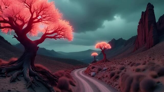 Alien landscape with glowing pink twisted trees and bizarre rock formations under a stormy sky