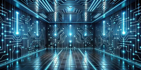 Fototapeta premium Abstract Futuristic Room with Illuminated Circuitry Walls and Glowing Pathways