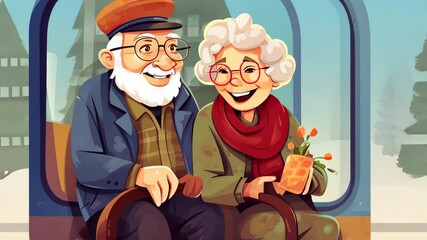 Animated elderly couple traveling by train - Powered by Adobe