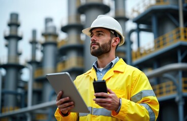 Caucasian male worker in safety gear inspects oil refinery. Holds tablet computer, walkie-talkie. Stands outdoors in front of large industrial buildings. Worker looks focused on surroundings. Appears