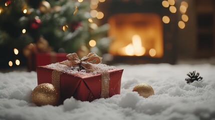 cozy Christmas scene with gifts and ornaments on snow against a blurred background of a glowing fireplace and Christmas tree lights. Perfect for festive banners and holiday promotions