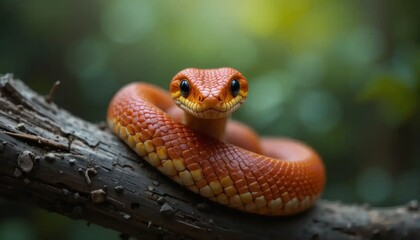 Fototapeta premium Stunning Closeup of an Orange Snake Coiled on a Branch in Lush Green Foliage