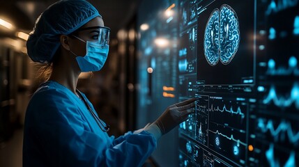 Female doctor reviewing brain scan data on a digital screen.