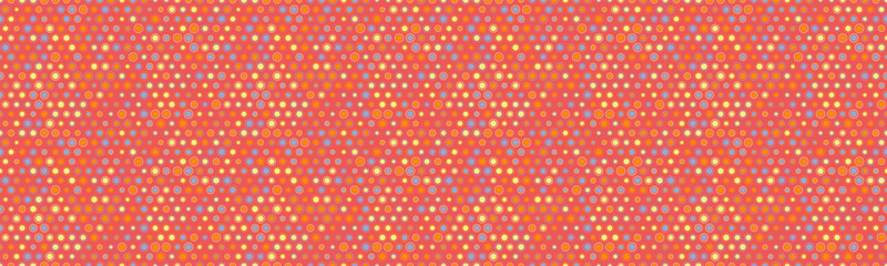 Vibrant, retro-style seamless pattern featuring colorful polka dots on a coral background.