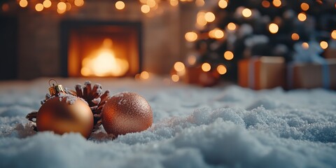 cozy Christmas scene with gifts and ornaments on snow against a blurred background of a glowing fireplace and Christmas tree lights. Perfect for festive banners and holiday promotions