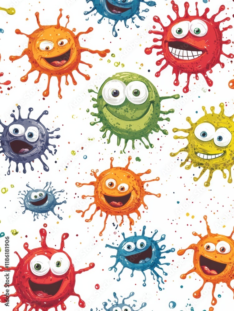 Poster cheerful and vibrant microbes with eyes and smiles create a fun and lively atmosphere in a colorful 