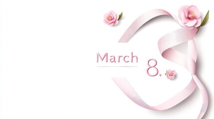 Womens Day greeting design for March 8 with pink ribbon and camellia flowers Vector background illustration for International Womens Day