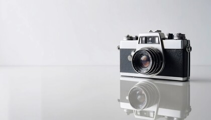 Vintage 35mm Film Camera on Reflective Surface Classic Photography Equipment
