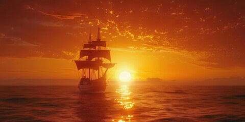 Fototapeta premium A majestic ship sails towards a vibrant sunset over calm waters.