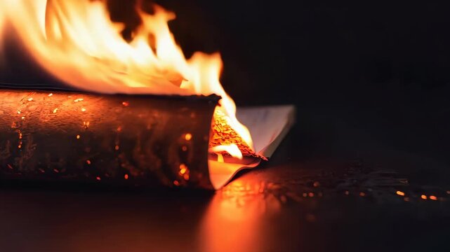 Close-up of book engulfed in vibrant flames against dark background. image symbolizes destruction and transformation, creative projects and editorial use.