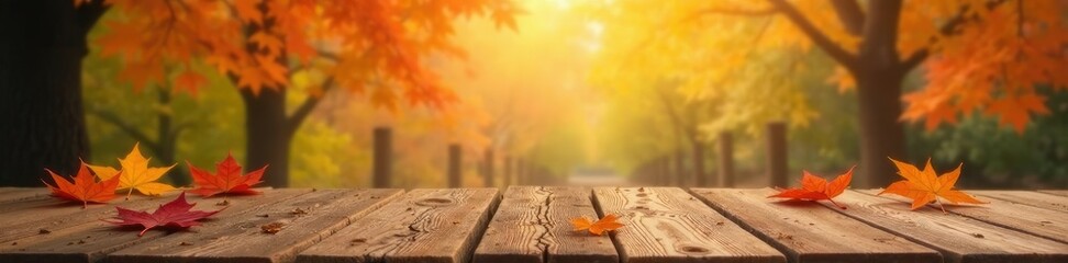 Naklejka premium Autumnal backdrop with wooden table and maple leaves, tree, autumn, background