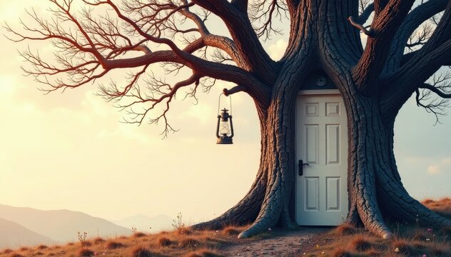bare tree with a white door and a lantern hanging from it, treehouse, tree