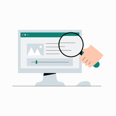 Hand holding magnifying glass over webpage in flat vector illustration symbolizing website analysis, SEO, and digital content review, isolated on white background.