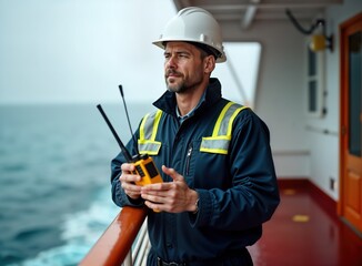 Caucasian marine deck officer chief mate on offshore vessel. Wears safety helmet, coveralls. Holds VHF radio. Stands on deck of ship. Scene shows pro seamanship, safety procedures at work. Sea