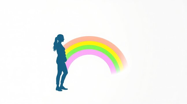 Silhouette of a woman standing beside a vibrant rainbow, symbolizing hope and positivity