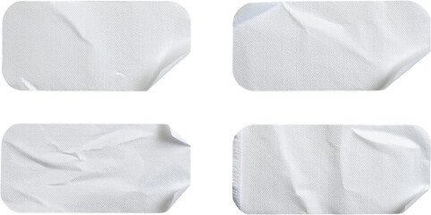 Four White Crumpled Stickers Blank Adhesive Labels Perfect for Mockups and Designs