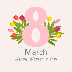 Greeting card for March 8 with the number 8 and tulips on a light background. Vector. Flat style.