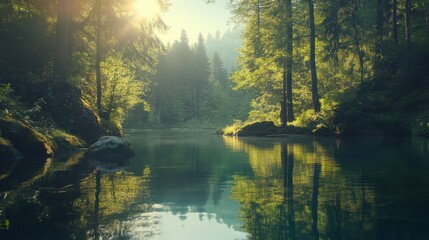 Obraz premium Sunlit River Reflecting Lush Forest Trees