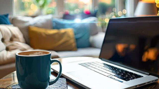 Cozy home office with teal coffee mug and sleek laptop on wooden table. warm light and bokeh create comfortable, productive atmosphere for remote work and lifestyle themes.