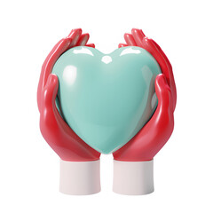 3D icon of hands holding a heart, white background, cute cartoon style, red and turquoise color scheme, matte plastic surface material.
