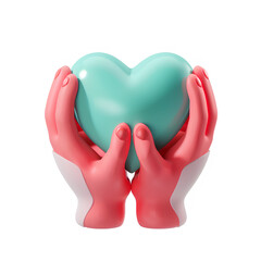 3D icon of hands holding a heart, white background, cute cartoon style, red and turquoise color scheme, matte plastic surface material.