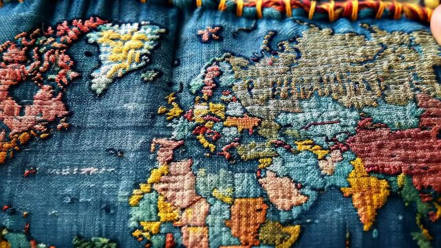 Close-up of intricately embroidered fabric featuring vibrant world map. rich colors and detailed stitching highlight geography, blending art and culture in textile design. perfect for travel themes.