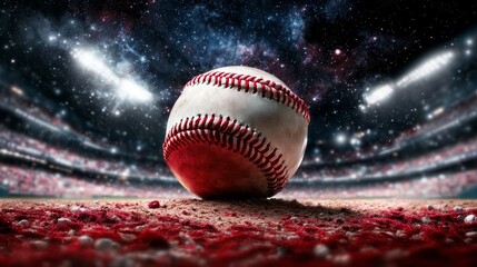 Close up of Used Baseball on Stadium Infield at Night Under Starry Sky