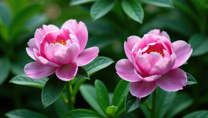 Obraz premium Delicate violet pink peony blooms on lush green leaves, gardenia, flowers, floral